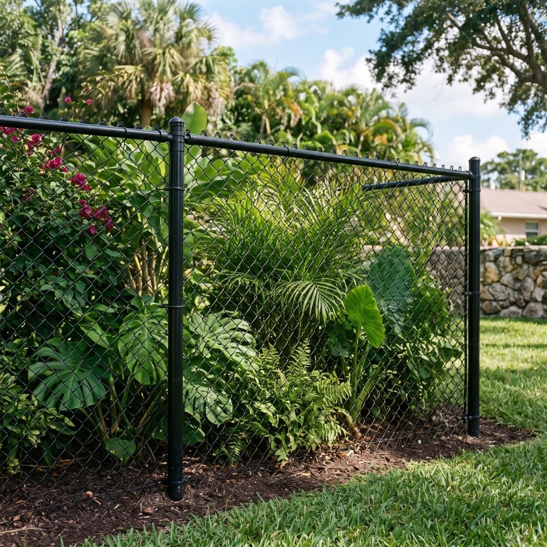 A chain link residential fence.