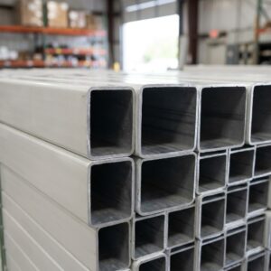 A detailed close-up showing the thick gauge and heavy-duty texture of commercial-grade fence posts stacked in a warehouse.