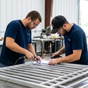 Workers in a clean fabrication shop precisely assemble a custom aluminum fence panel using specialized tools.