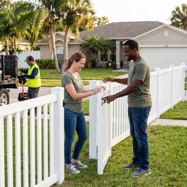 people standing by fence